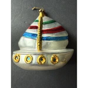 Vintage Blown Glass Sailboat Christmas Ornament Nautical Coastal Beachy